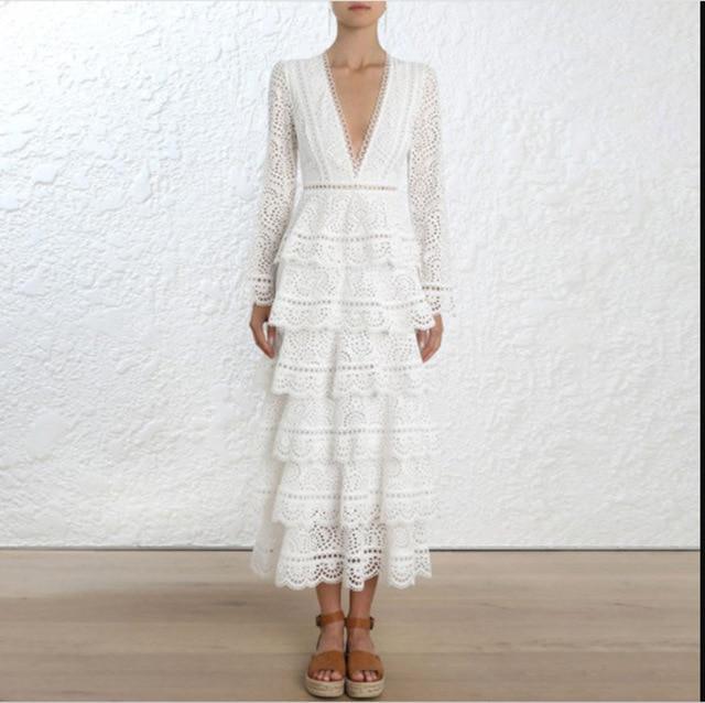Women's Long sleeve V-neck White Lace Dress Photo Color / S Women's Long sleeve V-neck White Lace Dress Photo Color / S