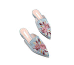 Embroidered Lady Blue Satin Mules
