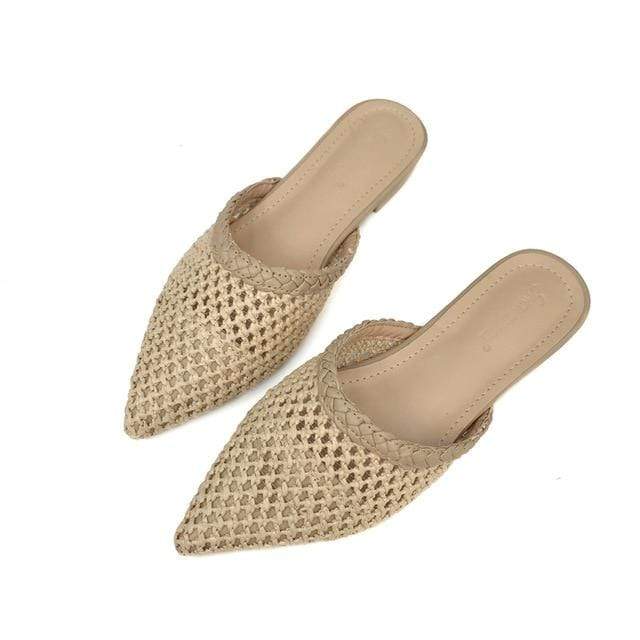 Women Pointed Toe Loe Heel Slide Sandals/ Slippers Cane Woven Beach Shoes Mule Slippers