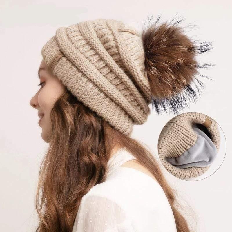 Pompom Slouchy Beanie Hat with Velvet - HER SHOP