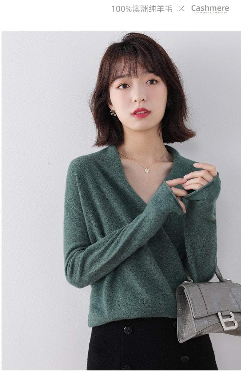 Her Shop Hot Sale 100% Pure Wool Knitted Sweater Women V-neck Long Sleeve Standard Cashmere Knitwear Winter New Fashion Female Jumpers
