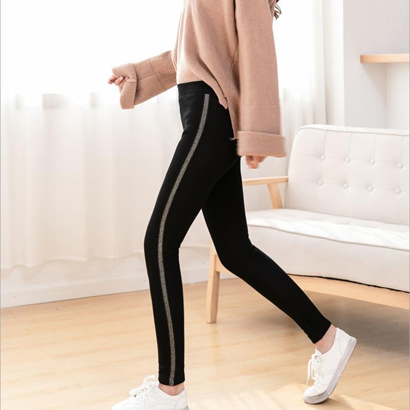 Her Shop Pants and Leggings Autumn Winter Cotton Velvet Leggings Women High Waist Side Stripes Sporting Fitness Leggings Pants Warm Thick Leggings