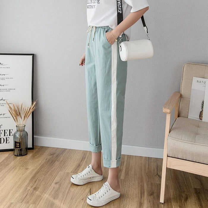 Her Shop Pants and Leggings Cotton Linen Ankle Length Striped Pants