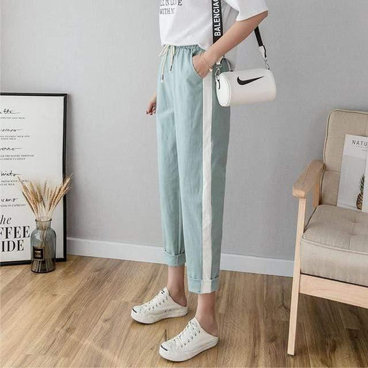Her Shop Pants and Leggings Cotton Linen Ankle Length Striped Pants - HER SHOP