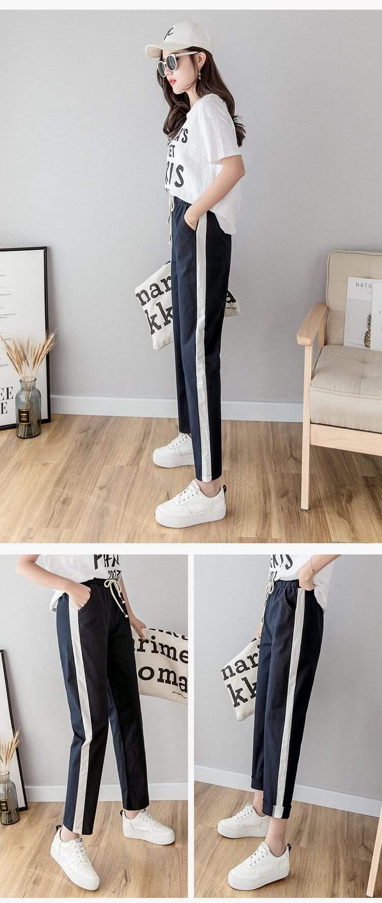 Her Shop Pants and Leggings Cotton Linen Ankle Length Striped Pants