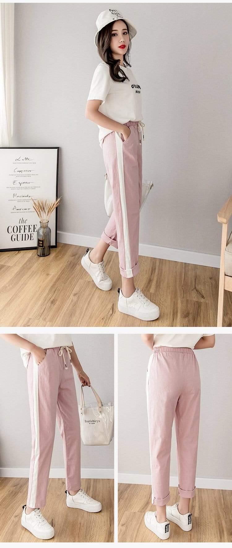 Her Shop Pants and Leggings Cotton Linen Ankle Length Striped Pants