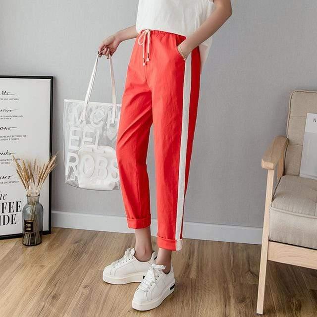 Her Shop Pants and Leggings Cotton Linen Ankle Length Striped Pants