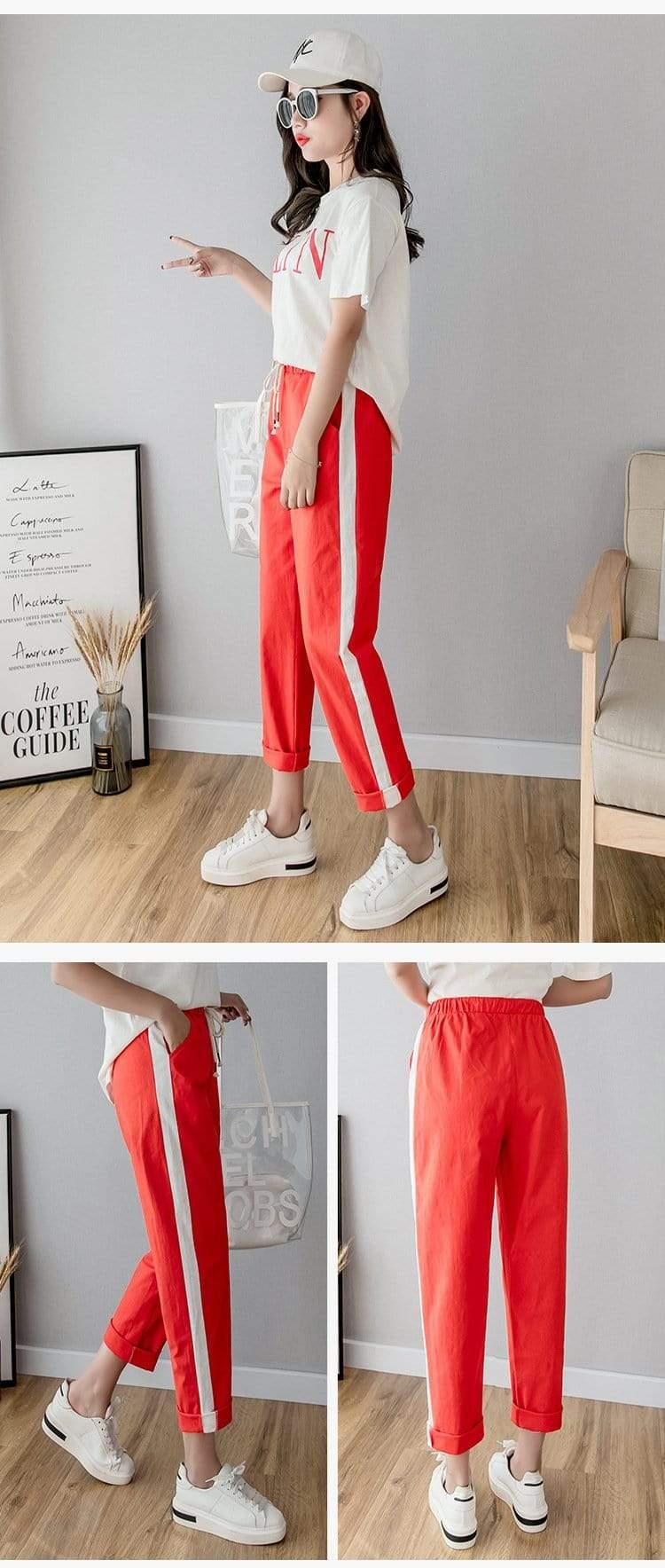 Her Shop Pants and Leggings Cotton Linen Ankle Length Striped Pants