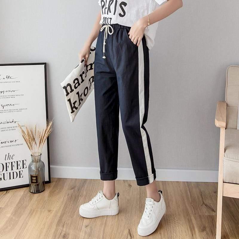 Her Shop Pants and Leggings Cotton Linen Ankle Length Striped Pants