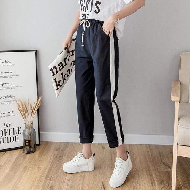 Her Shop Pants and Leggings Cotton Linen Ankle Length Striped Pants