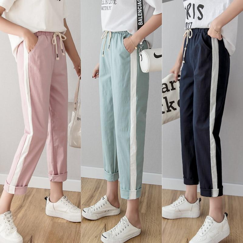 Her Shop Pants and Leggings Cotton Linen Ankle Length Striped Pants
