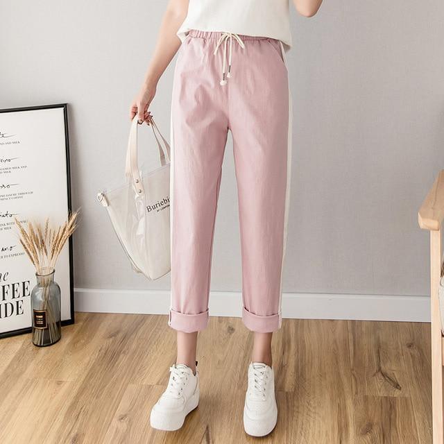 Her Shop Pants and Leggings Cotton Linen Ankle Length Striped Pants
