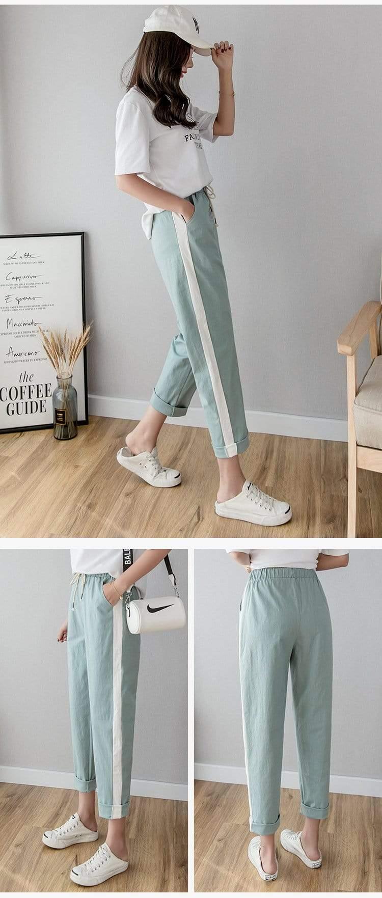 Her Shop Pants and Leggings Cotton Linen Ankle Length Striped Pants