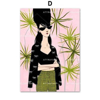 Hand Painted Nordic Poster Fashion Girl Monstera Leaf Wall Art
