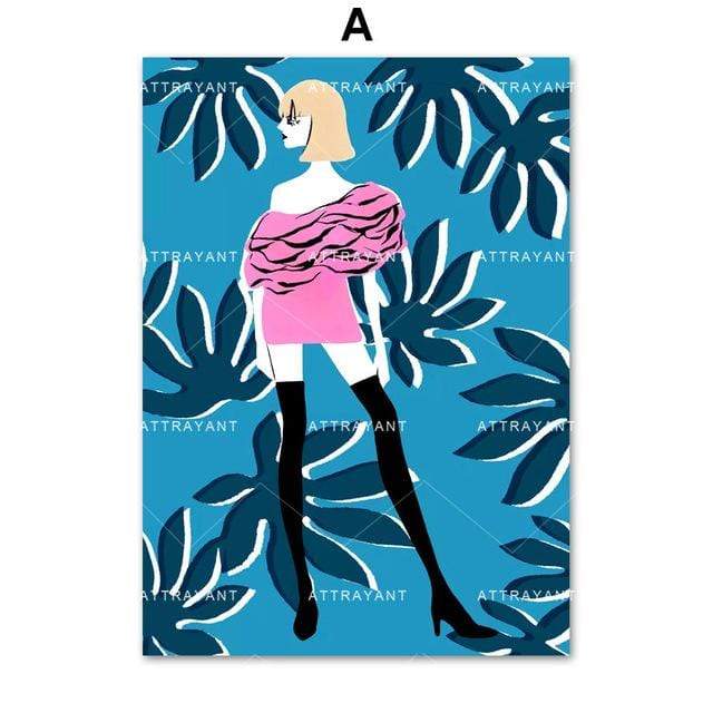 Hand Painted Nordic Poster Fashion Girl Monstera Leaf Wall Art