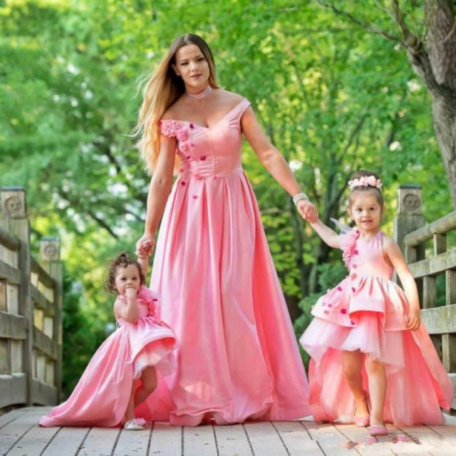 Pink High Low Mother Daughter Flower Girl Dresses