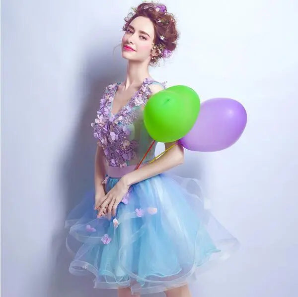 Long Lacing Chiffon Fairy Sweet Floral Beading Prom / Homecoming short / 8