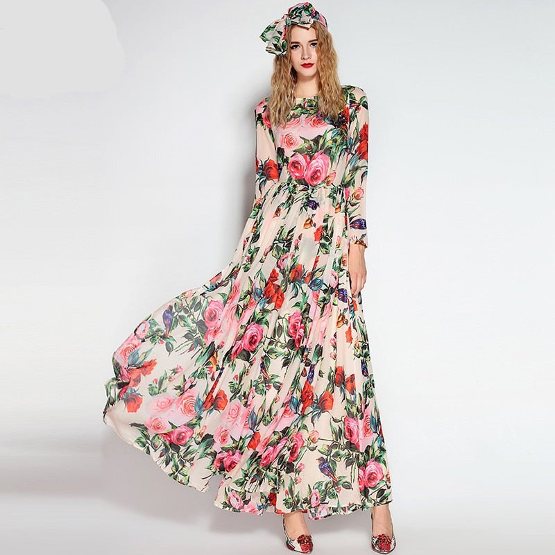 Sequined Beaded Rose Floral Bird Printed Long Dress Maxi Dress With Scarf