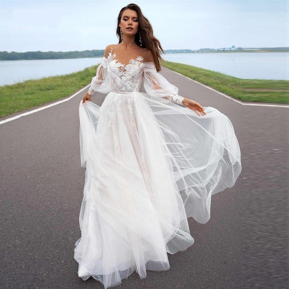 Long Sleeve A-line Sweep Train Bridal Dress – HER SHOP