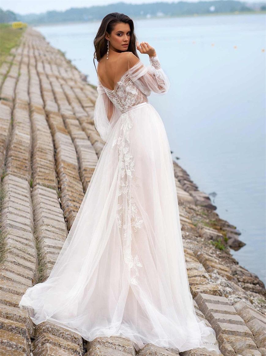 Custom Made Long Sleeve A-Line Wedding Dress Sweep Train & Elegant B HER SHOP Custom Made Long Sleeve A-Line Wedding Dress Sweep Train & Elegant B HER SHOP