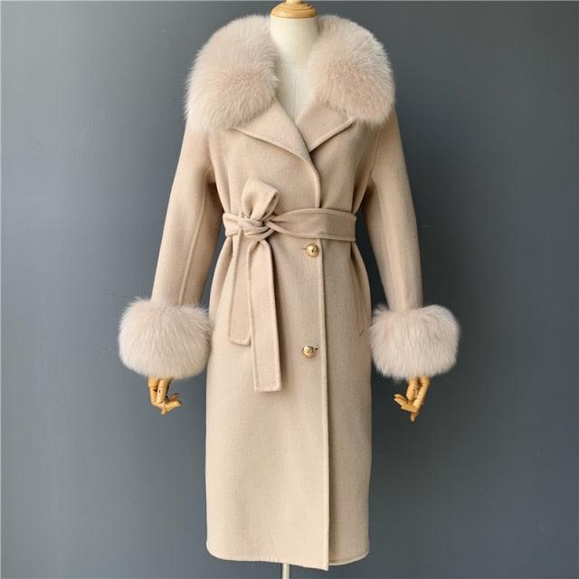 Women's Wool Coat with Spring Real Fox Fur Collar