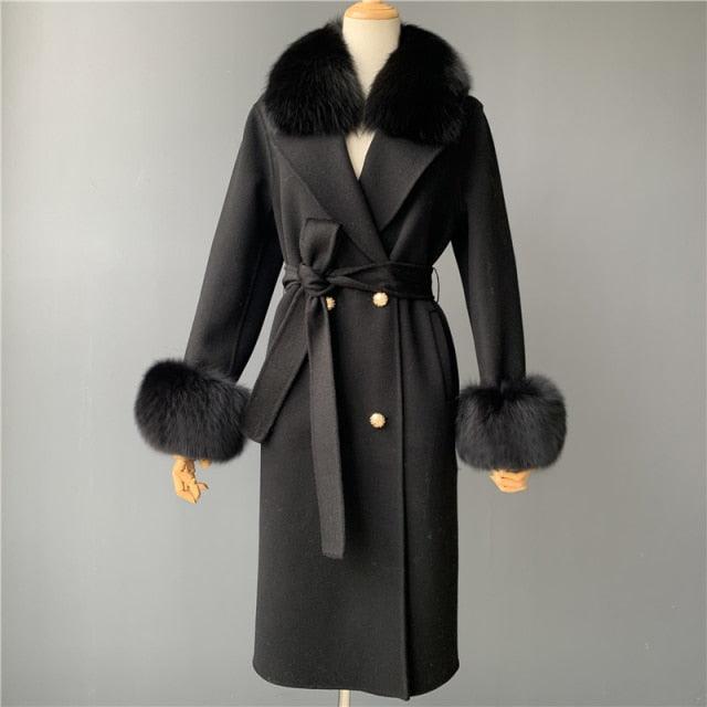 Women's Wool Coat with Spring Real Fox Fur Collar