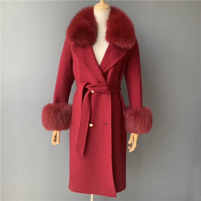 Women's Wool Coat with Spring Real Fox Fur Collar