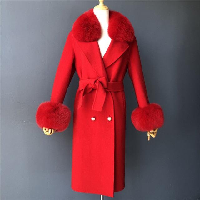 Women's Wool Coat with Spring Real Fox Fur Collar