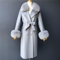 Women's Wool Coat with Spring Real Fox Fur Collar