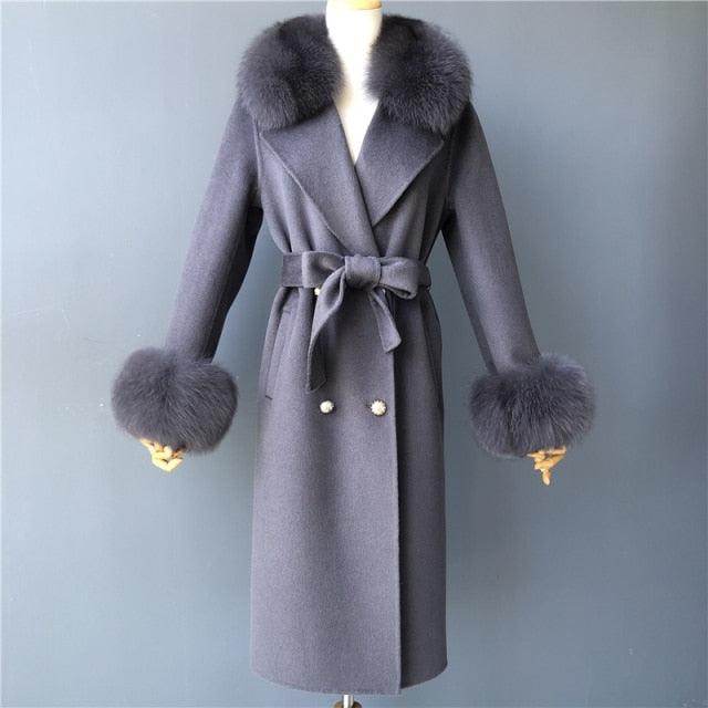 Women's Wool Coat with Spring Real Fox Fur Collar