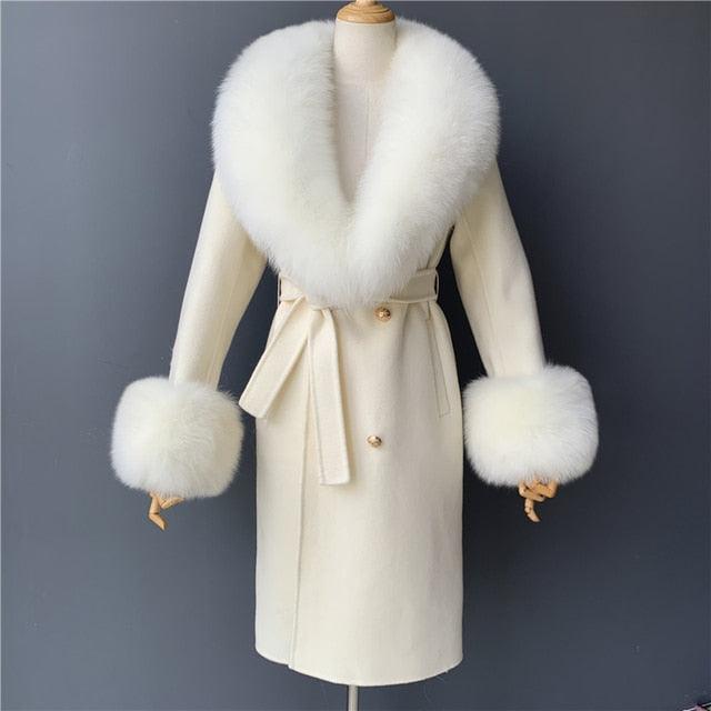 Women's Wool Coat with Spring Real Fox Fur Collar