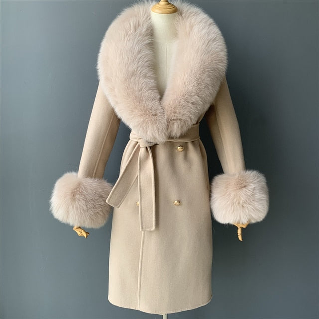 Women's Wool Coat with Spring Real Fox Fur Collar