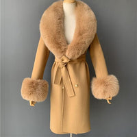 Women's Wool Coat with Spring Real Fox Fur Collar