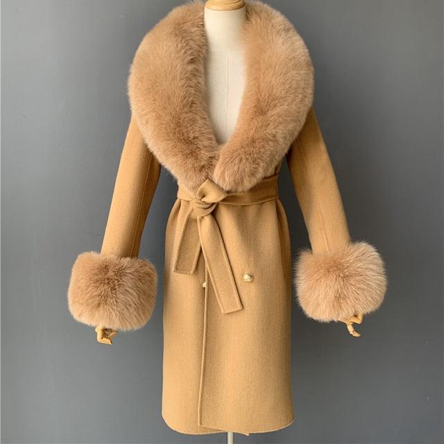 Women's Wool Coat with Spring Real Fox Fur Collar