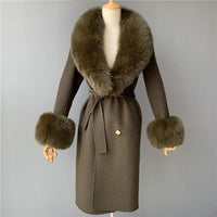 Women's Wool Coat with Spring Real Fox Fur Collar