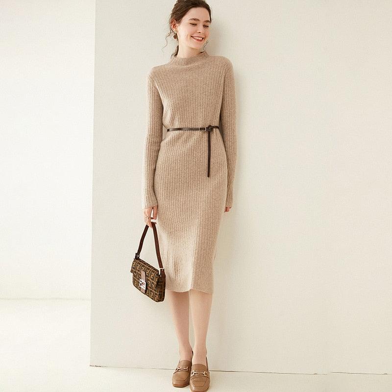 Women's Autumn and Winter New Fashion Long Pure Australian Wool Dress - HER SHOP