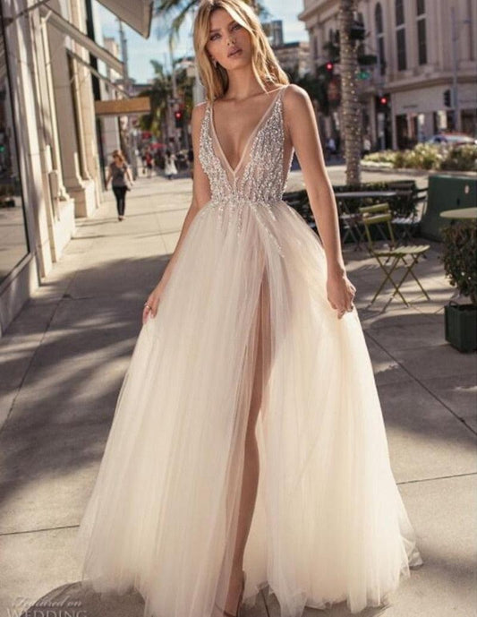 Charming Backless V-Neck High Split Special Wedding/Occasion Dresses - HER SHOP