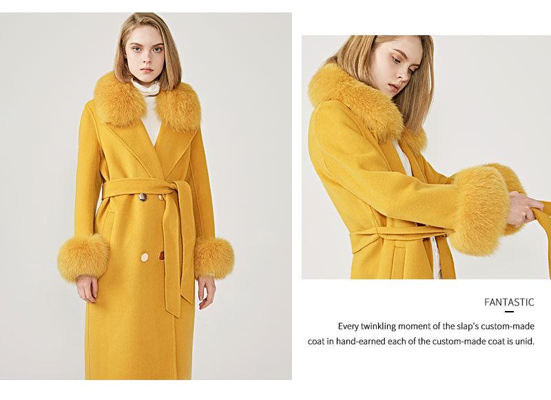 Women's Wool Coat with Spring Real Fox Fur Collar