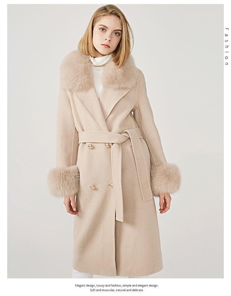 Women's Wool Coat with Spring Real Fox Fur Collar