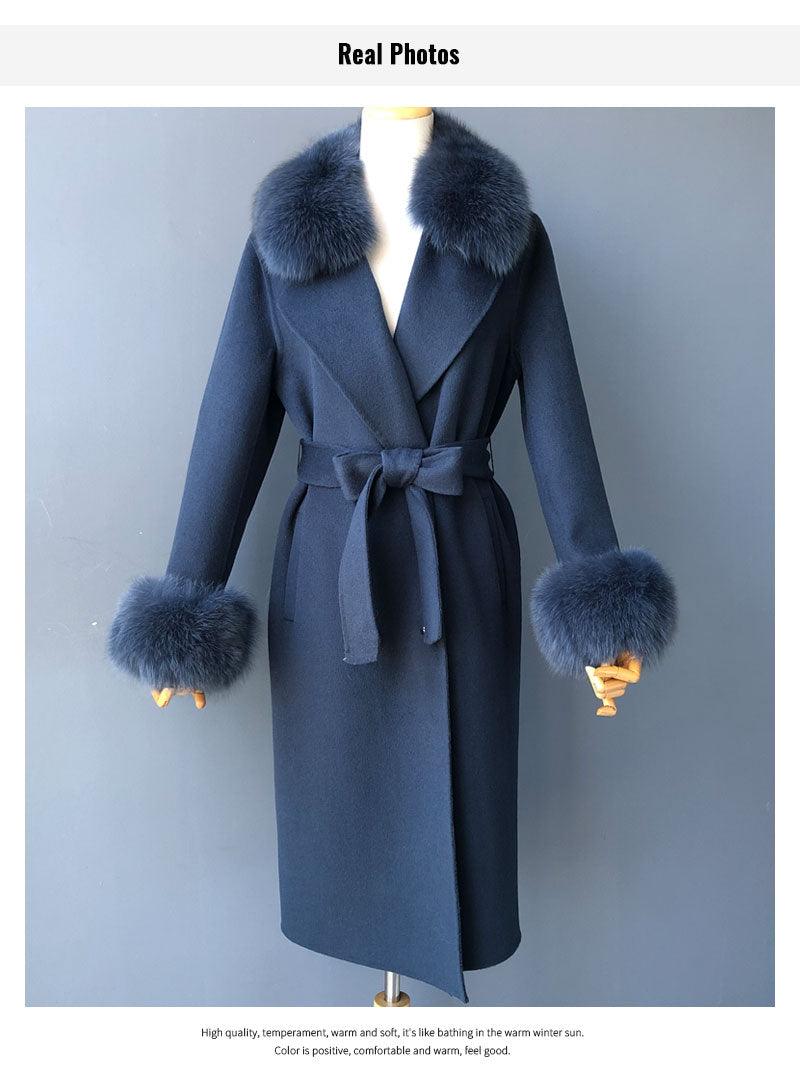 Women's Wool Coat with Spring Real Fox Fur Collar