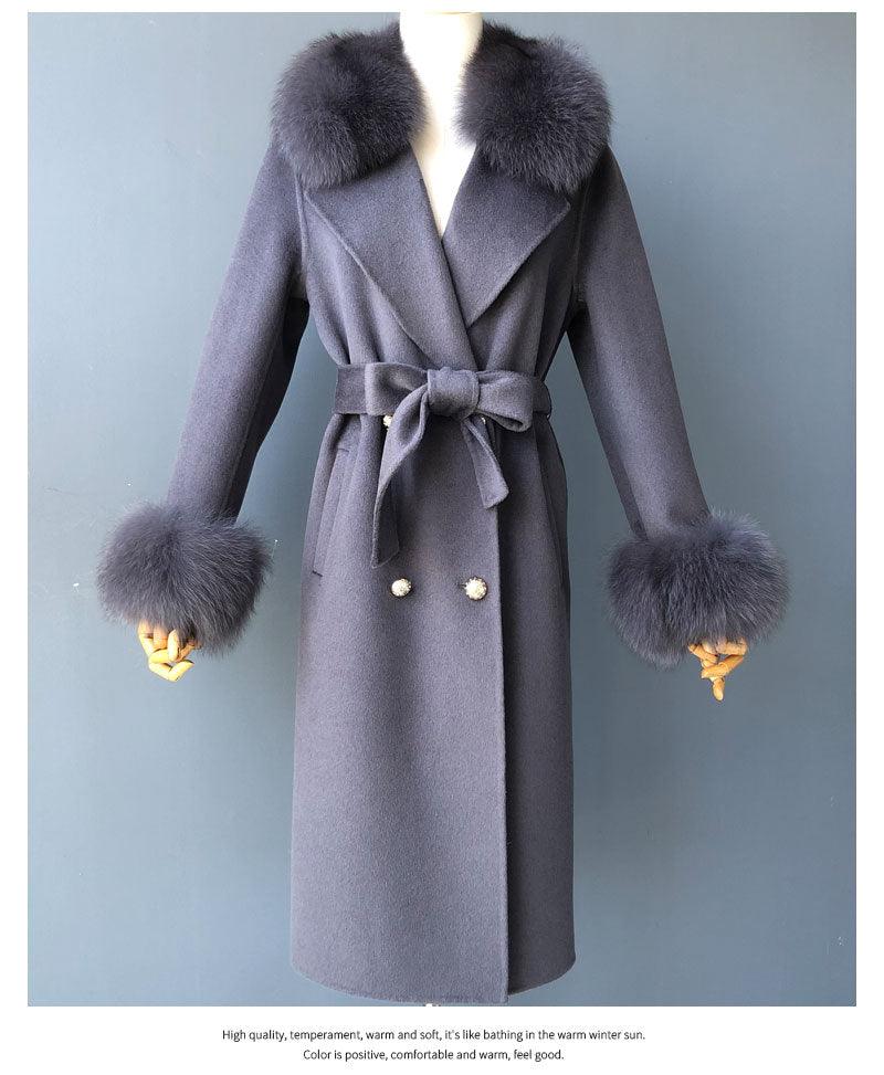 Women's Wool Coat with Spring Real Fox Fur Collar