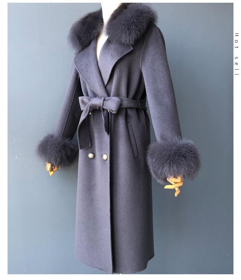 Women's Wool Coat with Spring Real Fox Fur Collar