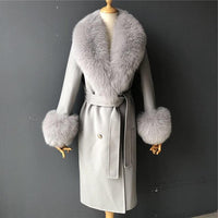 Women's Wool Coat with Spring Real Fox Fur Collar