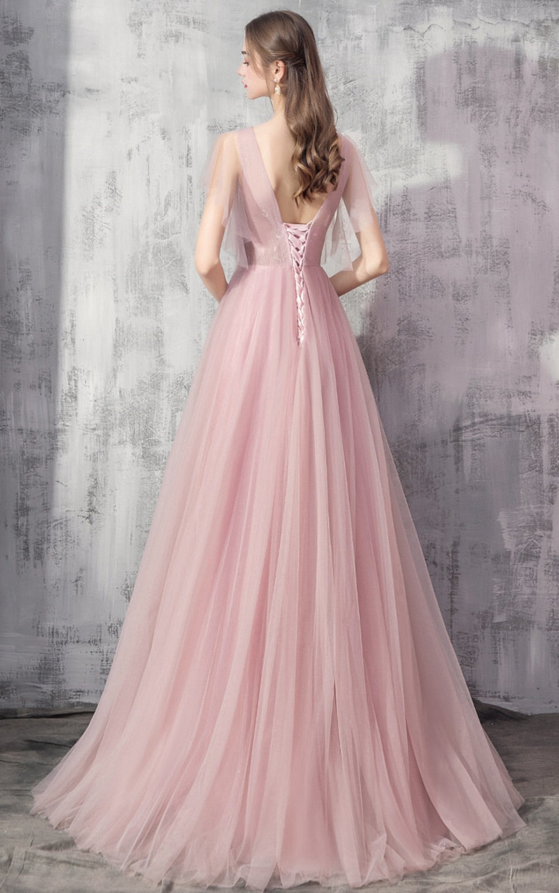 V-Neck Lace Tulle Bow Straps Sweep Train Prom Dress Pink / 12