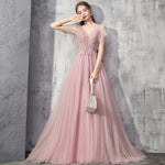 Elegant V-Neck Lace Appliques Sweet Pink Long Prom Dress