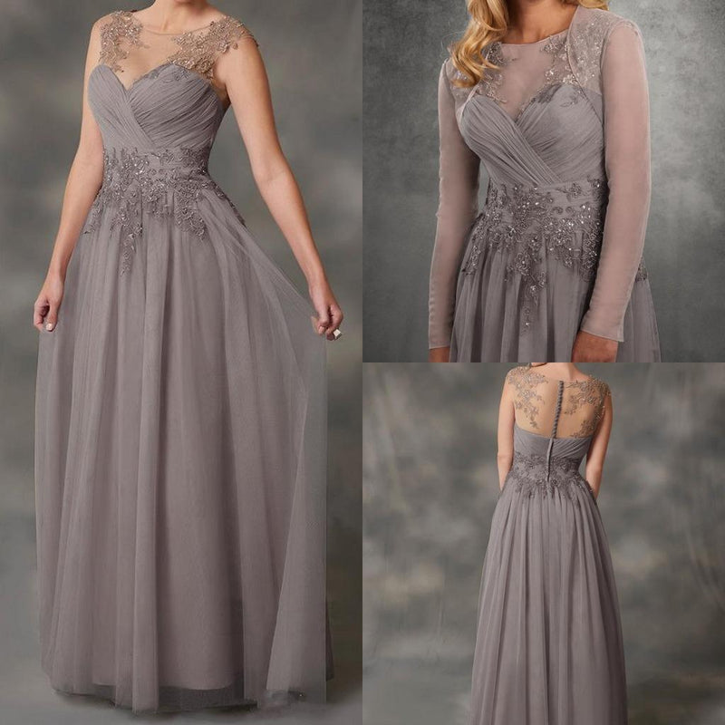 Simple A-Line Mother Of The Bride Dresses Gray Chiffon With Jacket Applique Lace