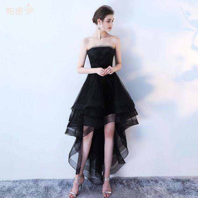 Lace Vintage Short Front Back Long Tail Evening Party Dress Black / 2 Lace Vintage Short Front Back Long Tail Evening Party Dress Black / 2