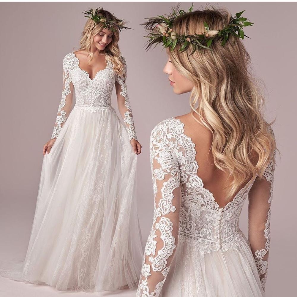 Graceful V-Neck Floor length Long Sleeve Wedding Dress With Corset