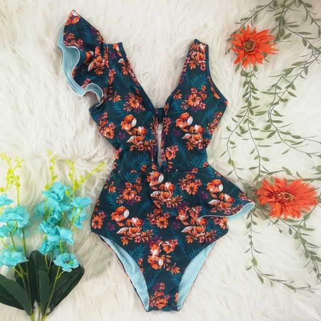 New Sexy Ruffle Print Floral One Piece Off The Shoulder Swimwear