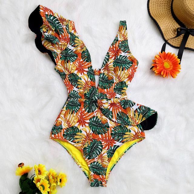New Sexy Ruffle Print Floral One Piece Off The Shoulder Swimwear